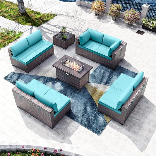 Kullavik 10 Pieces Outdoor Patio Furniture Set with 43" Gas Propane Fire Pit Table PE Wicker Rattan Sectional Sofa Patio Conversation Sets,Blue