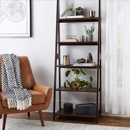 Amazon Basics Modern 5-Tier Ladder Bookshelf Organizer, Solid Rubberwood Frame, Espresso Finish, 14 D x 24.8 W x 70.1 H in
