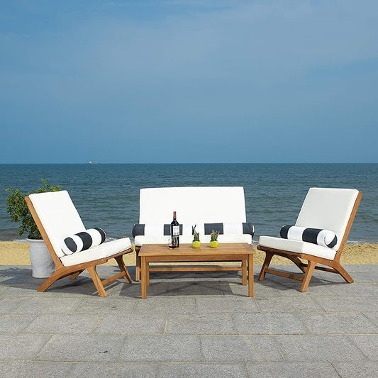 Safavieh PAT7044C Outdoor Collection Chaston Natural and Beige 4-Piece Black & White Pillows Patio Set