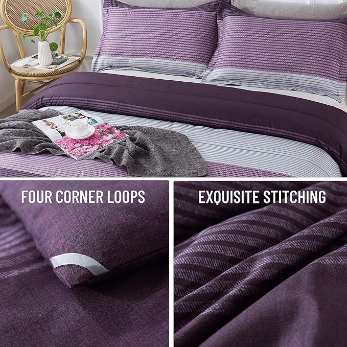 Andency Stripe Comforter Set Twin Size (66x90 Inch), 2 Pieces Purple and Gray Patchwork Striped Comforter, Soft Microfiber Down Alternative Comforter Bedding Set with Corner Loops