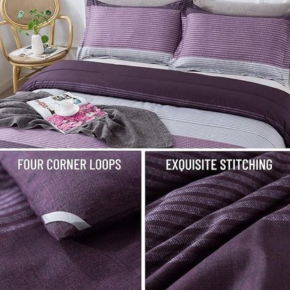 Andency Stripe Comforter Set Twin Size (66x90 Inch), 2 Pieces Purple and Gray Patchwork Striped Comforter, Soft Microfiber Down Alternative Comforter Bedding Set with Corner Loops