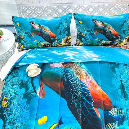 CVHOUSE Sea Turtle Bedding Set,Sea Turtle Comforter King,Ocean Beach Comforter Set for Boys Kids Girls,Ocean Quilt Set with 1 Comforter and 2 Pillow Cases