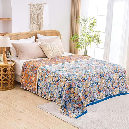 Boho Throw Blanket for Bed, 100% Cotton Soft Rustic Quilt Fall Blanket, 80"x90" Floral Printed Farmhouse Decor Bed Blankets, All Season Rustic Reversible Bohemian Throw Quilt