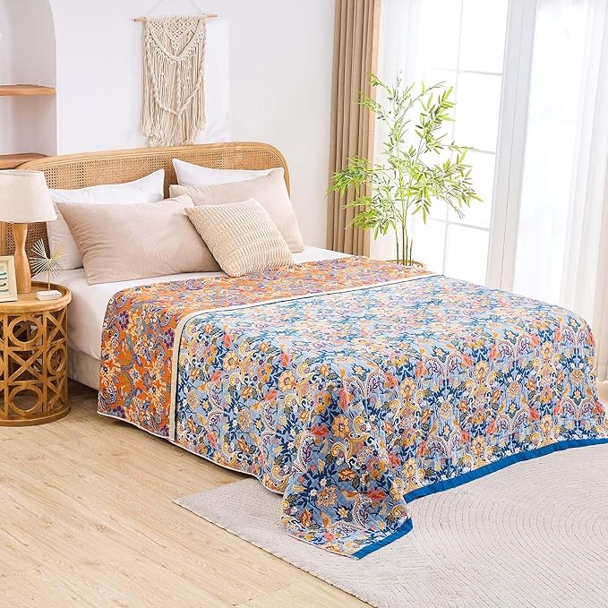Boho Throw Blanket for Bed, 100% Cotton Soft Rustic Quilt Fall Blanket, 60"x80" Floral Printed Farmhouse Decor Bed Blankets, All Season Rustic Reversible Bohemian Throw Quilt