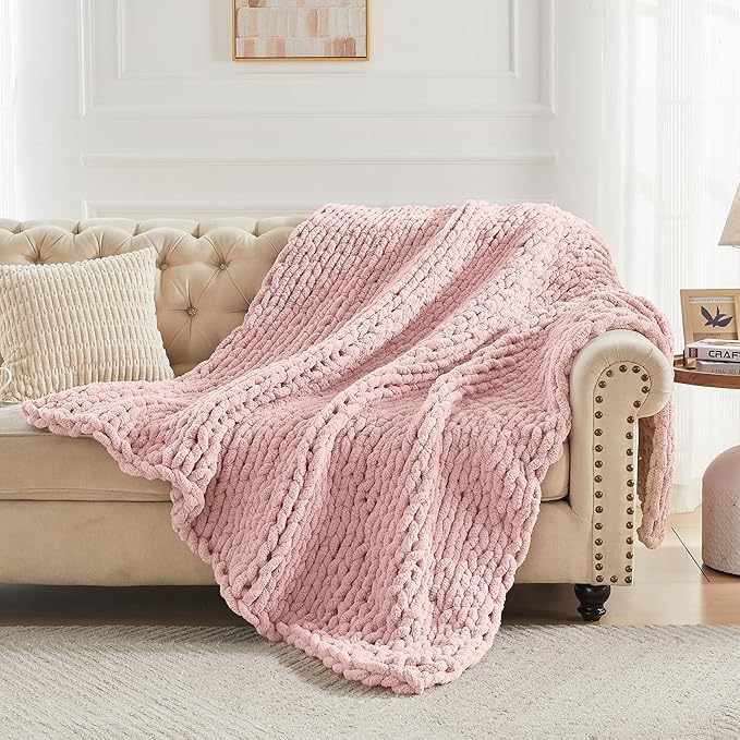 Carriediosa Chunky Knit Throw Blanket 60" X 80" Twin, 100% Hand Made Large Chenille Loop Yarn Soft Fluffy Throws for Couch Sofa Bed, Big Crochet Cozy Heavy Thick Cable Woven Blankets, Dusty Pink
