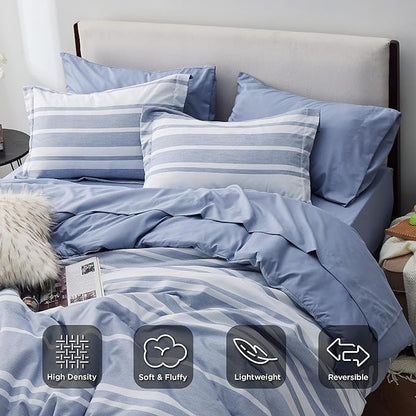 Bedsure King Comforter Set 7 Pieces, White Blue Striped King Bedding Set All Season Bed Set, Bed in a Bag King with Comforter, Sheets, Pillowcases & Shams