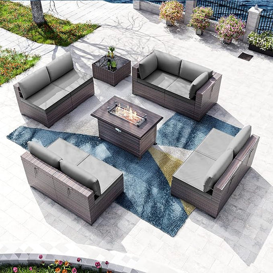 Kullavik 10 Pieces Outdoor Patio Furniture Set with 43" Gas Propane Fire Pit Table PE Wicker Rattan Sectional Sofa Patio Conversation Sets,Grey