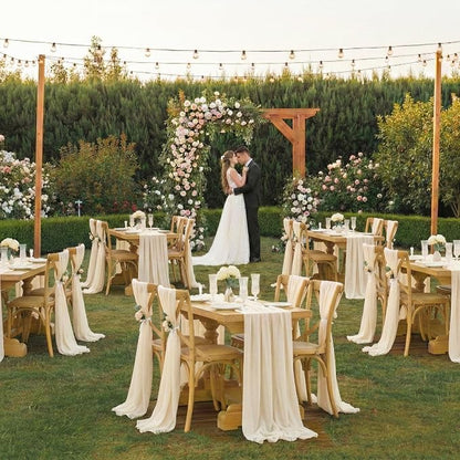 MDS Pack of 12 | Champagne Gold | 14ft Chiffon Table Runner 29x170 Inches Long Romantic Rustic Sheer Gauze Runner for Wedding Bridal Shower Birthday Banquets Engagement Spring Easter Boho Decorations