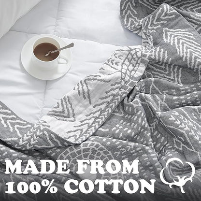 jinchan Boho 100% Cotton Muslin Blanket 3-Layer Queen Size 80x90 Inches Geometric Grey Lightweight Reversible Soft Cozy Comfy Throw for Couch Sofa Bed Large Coverlet Quilt Blanket Bedroom All Seasons