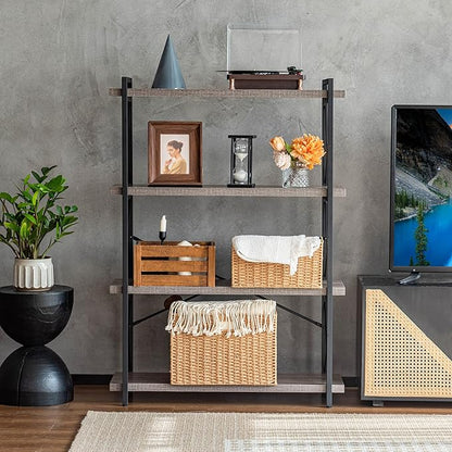 HCHQHS Bookshelf, 4-Tier Industrial Bookcase, Rustic Open Book Shelf, Freestanding Tall Bookshelves with Metal Frame