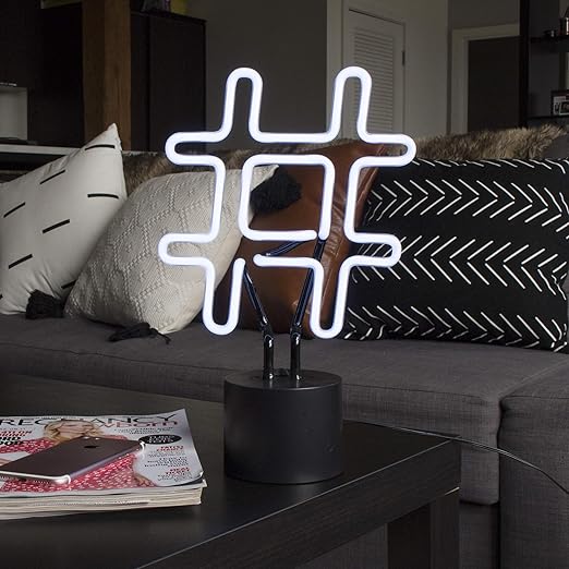 Amped & Co Neon Hashtag Symbol Desk Light, Real Neon, White, Large 8 x 13 inches, Home Decor Neon Signs led lights, neon lights for bedroom wall decors