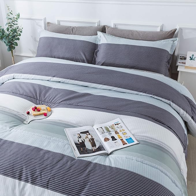 Andency Stripe Comforter Set Queen Size (90x90 Inch), 3 Pieces Mint Green Patchwork Striped Comforter, Soft Microfiber Down Alternative Comforter Bedding Set with Corner Loops
