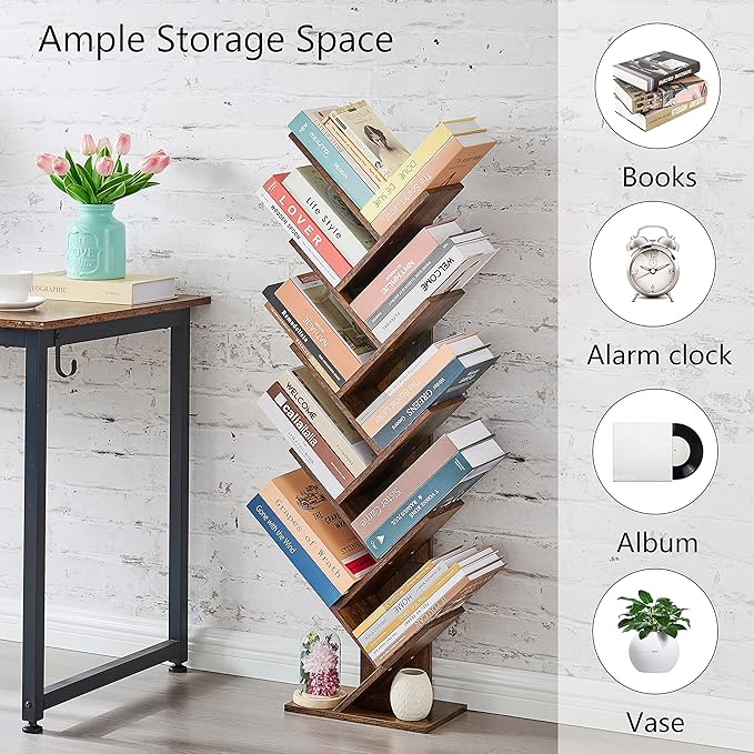 Hoctieon 10 Tier Tree Bookshelf, 10 Shelf Bookcase, Free Standing Tree Bookcase, Display Floor Standing Shelf for Books, Book Shelf Organizer, Rustic Brown