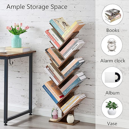 Hoctieon 10 Tier Tree Bookshelf, 10 Shelf Bookcase, Free Standing Tree Bookcase, Display Floor Standing Shelf for Books, Book Shelf Organizer, Rustic Brown