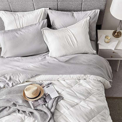 Bedsure Ivory Queen Comforter Set - 7 Pieces Reversible Queen Bed in a Bag, Queen Bed Set Ivory and Grey with Comforters, Sheets, Pillowcases & Shams