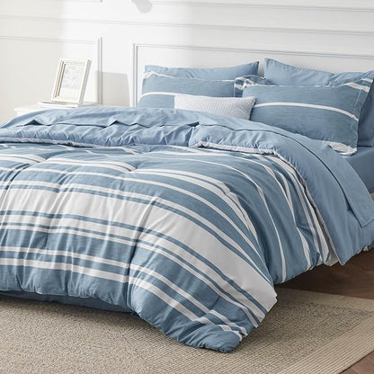 Bedsure Full Size Bed Sets 7 Pieces - Blue Striped Beddubg All Season Comforter Set, Bed in a Bag with 1 Comforter, 2 Sheets, 2 Pillowcases & 2 Shams
