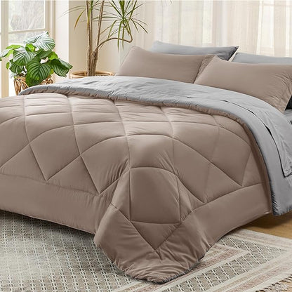 Bedsure Taupe Full Size Comforter Set - 7 Pieces Reversible Full Bed in a Bag Full Bed Set with Comforters, Sheets, Pillowcases & Shams, Full Bedding Sets