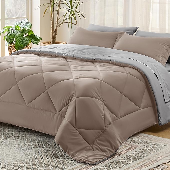 Bedsure Taupe Queen Comforter Set - 7 Pieces Reversible Queen Bed in a Bag Queen Bed Set with Comforters, Sheets, Pillowcases & Shams, Queen Bedding Sets