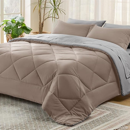 Bedsure Taupe Queen Comforter Set - 7 Pieces Reversible Queen Bed in a Bag Queen Bed Set with Comforters, Sheets, Pillowcases & Shams, Queen Bedding Sets