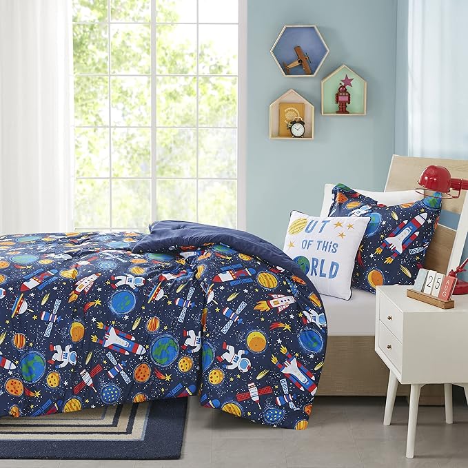 Mi Zone Kids Jason Cozy Comforter Outer Space Rocket Ships, Astronauts Print, All Season Cover, Hypoallergenic Bedding Set, Matching Sham, Decorative Pillow, Twin(66" Wx86 L), Multi 3 Piece