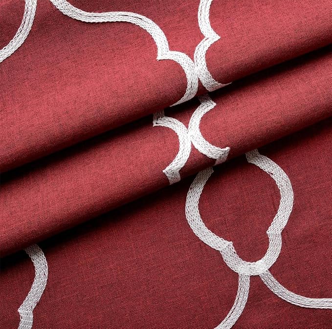 MIUCO Moroccan Embroidery Semi Sheer Curtain Panels Faux Linen Grommet Curtains for Kids Room 52 x 95 Inch 2 Panels, Burgundy
