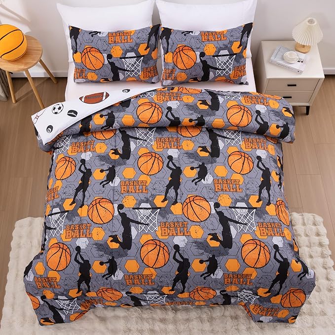 Btargot 3 Piece Grey Geometric Basketball Comforter Set Full for Boys Teens, 3D Sports Bedding,Soft Microfiber Reversible Quilt with 2 Matching Pillow Shams, Yellow