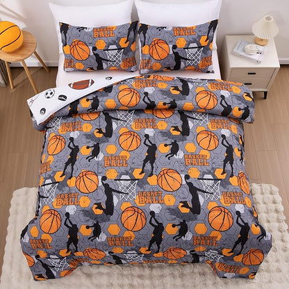 Btargot 3 Piece Grey Geometric Basketball Comforter Set Full for Boys Teens, 3D Sports Bedding,Soft Microfiber Reversible Quilt with 2 Matching Pillow Shams, Yellow