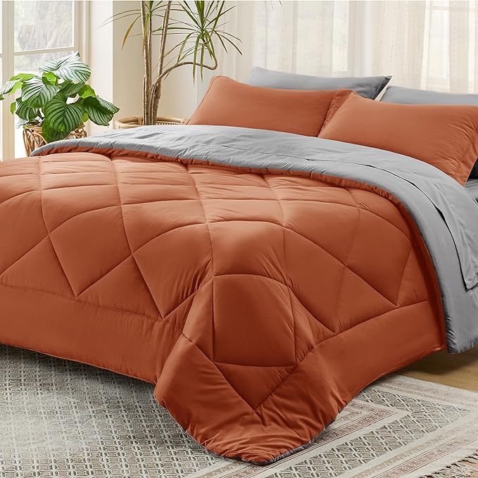 Bedsure Burnt Orange Full Size Comforter Set - 7 Pieces Reversible Full Bed in a Bag Full Bed Set with Comforters, Sheets, Pillowcases & Shams, Full Bedding Sets