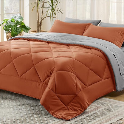 Bedsure Burnt Orange California King Size Comforter Set - 7 Pieces Reversible Cal King Bed in a Bag Bed Set with Comforters, Sheets, Pillowcases & Shams, California King Bedding Sets