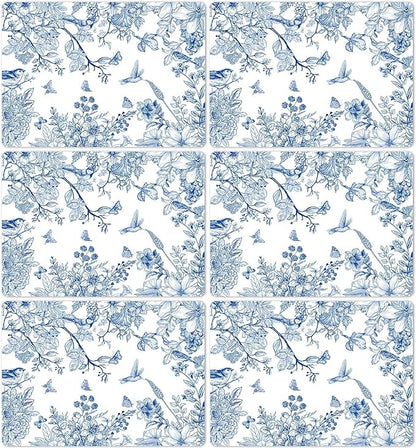 Blue Floral Placemats Set of 6 Flower Bird Plastic Table Mats Seasonal Spring Placemats Chinoiserie Place Mats Rustic Vintage Table Decoration for Indoor Outdoor Party Kitchen Dining
