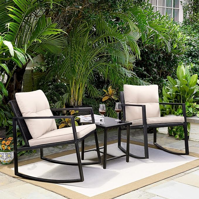 Greesum 3-Piece Rattan Wicker Patio Furniture Set with Rocking Chairs, Glass Table and Corelle 18-Piece Dinnerware Service for 6