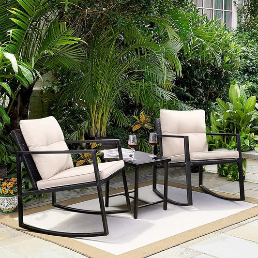 Greesum 3 Pieces Rocking Wicker Bistro Set, Patio Outdoor Furniture Conversation Sets with Porch Chairs and Glass Coffee Table, Beige