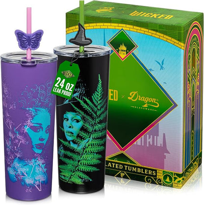 Dragon Glassware x Wicked: For Good Stainless Steel Tumbler, 24 oz 2-Pack | Set of 2 Vacuum Insulated Stainless Steel Wicked Cups with Lids & Straws; With Straw Charm; Official Wicked Merch