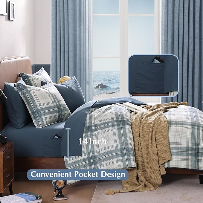 Blue Full Size Comforter Sets, Plaid Comforter Full Size for Boys & Girls,Classic Homestead-style Bedding Sets Full with Full Size Bed Sheets and Comforter Set