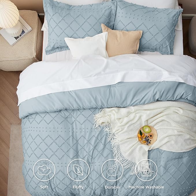 Bedsure Twin/Twin XL Comforter Set - Dusty Blue Boho Twin Extra Long Comforter Set for College, Shabby Chic Dorm Bedding Set, 2 Pieces Modern Farmhouse Bed Set, includes 1 Pillow Sham