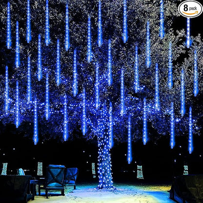 Dazzle Bright Christmas Lights Outdoor, 288LED Meteor Shower Rain Lights 12 Inch 8 Tubes, Waterproof Plug in Falling Icicle Lights Christmas Decorations for Xmas Tree Yard House Decor (Blue)