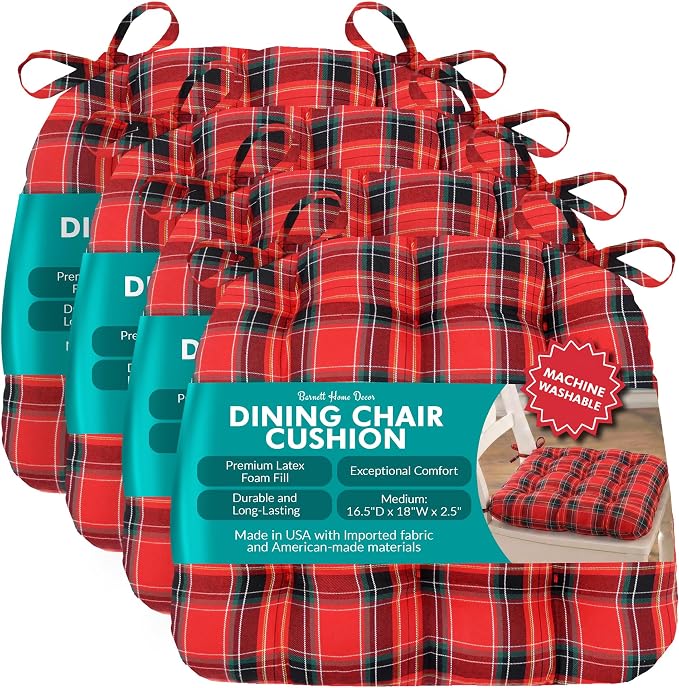 Barnett Home Decor Indoor Dining Chair Cushions - 16.5x18", Machine Washable, 100% Cotton Upholstery, Premium Latex Foam Fill, Reversible, Durable Kitchen Chair Pad - Tartan Blue, Medium, Pack of 4
