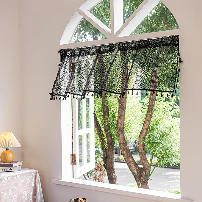 Sutuo Home Boho Valance Curtains for Kitchen Crochet Lace Sheer Bohemian Hollow Knitted with Tassels, Privacy Vintage Rustic Gothic Farmhouse Drapes, Rod Pocket 1 Panel 59" W x 18" L, Black