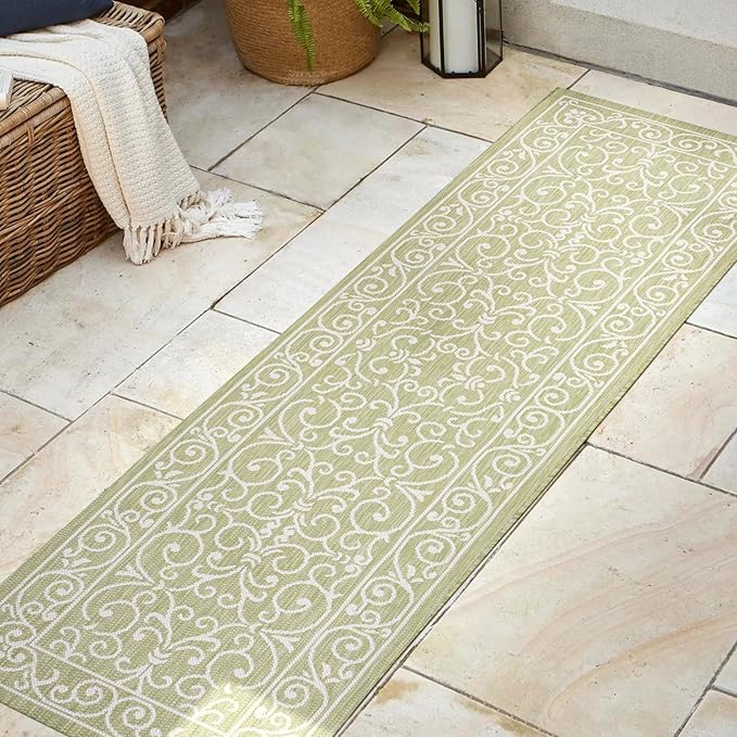 JONATHAN Y Vintage Filigree Indoor Outdoor Runner Rug 2X8 Green/Cream, Charleston Textured Weave for Backyard, Patio, Porch, Easy-Cleaning, High Traffic, Pet-Friendly, Non-Shedding (SMB106H-28)
