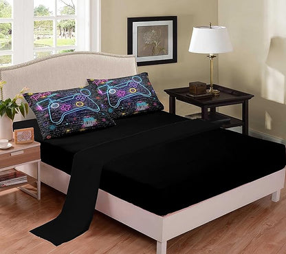 NINENINE Gamer Bedding Sets for Boys 5PCS Full Size Gaming Comforter Bed in A Bag Gamer Contoller Video Kids Teens Gamer Comforter Sets (1Comforter, 1Flat Sheet, 1Fitted Sheet, 2Pillowcases)