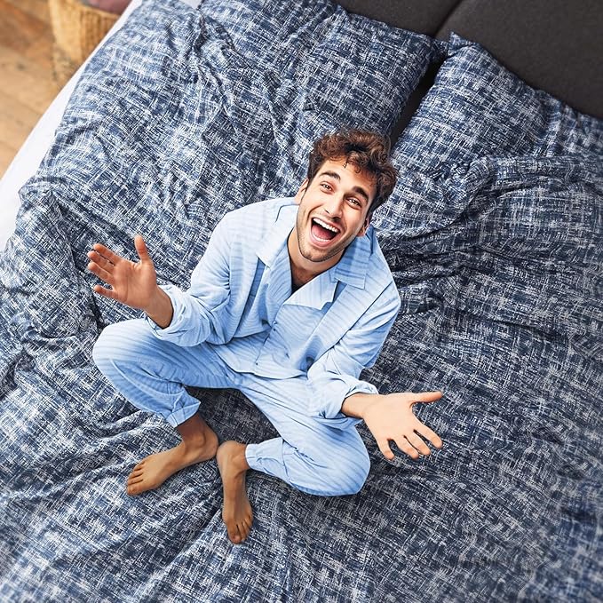Hyde Lane Comforter King Size for Men, Blue Modern Farmhouse Aesthetic Soft Bedding Set, Masculine Plaid Lines Pattern Bed Sets for All Season, 3 Pieces includes 1 Comforter, 2 Shams (104"x 90")