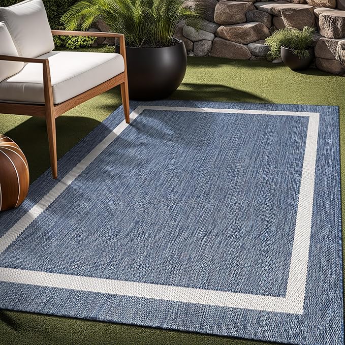 Bordered Outdoor Rug 8x10 Washable Outside Carpet for Indoor Patio Porch Waterproof Easy Cleaning Non Shedding Area Rugs Blue 8 x 10
