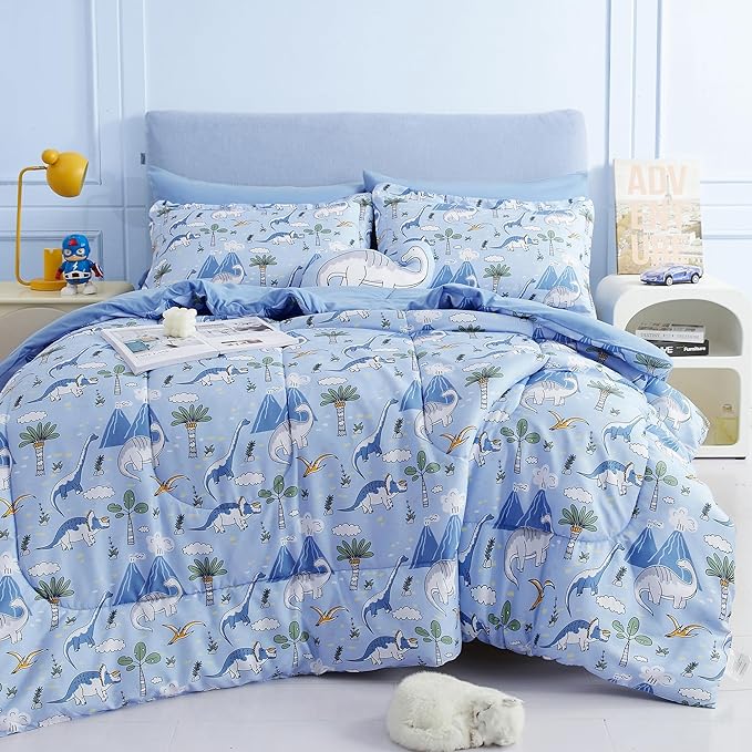 Mooreeke Kids Comforter Bed Set Twin Size for Boys, 6 Pieces Bed in a Bag with Shams, Sheet Set and 1 Decorative Toy Throw Pillow, Dinosaur Blue Super Twin Soft Microfiber Kids Comforter Bedding Set