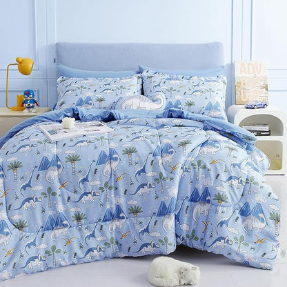 Mooreeke Kids Comforter Bed Set Full Size for Boys, 8 Pieces Bed in a Bag with Shams, Sheet Set and 1 Decorative Toy Throw Pillow, Dinosaur Blue Super Full Soft Microfiber Kids Comforter Bedding Set