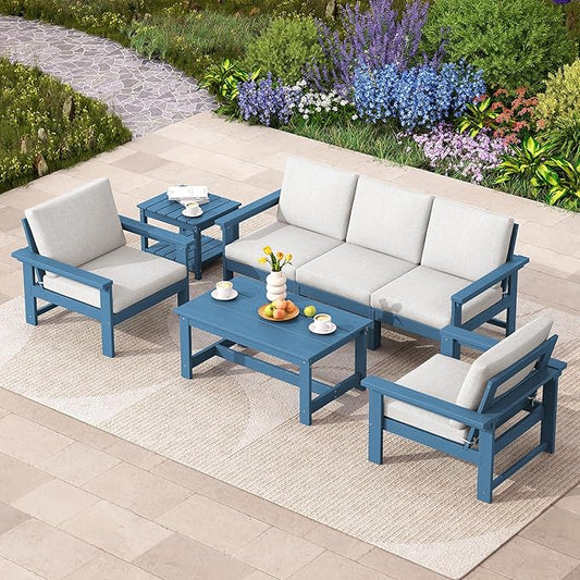 SERWALL HDPE Patio Coversation Set, 7-piece Outdoor Sectional Sofa Set, All Weather Patio Couch Set Patio Furniture for Balcony, Deck, Navy Frame with Khaki Cushion