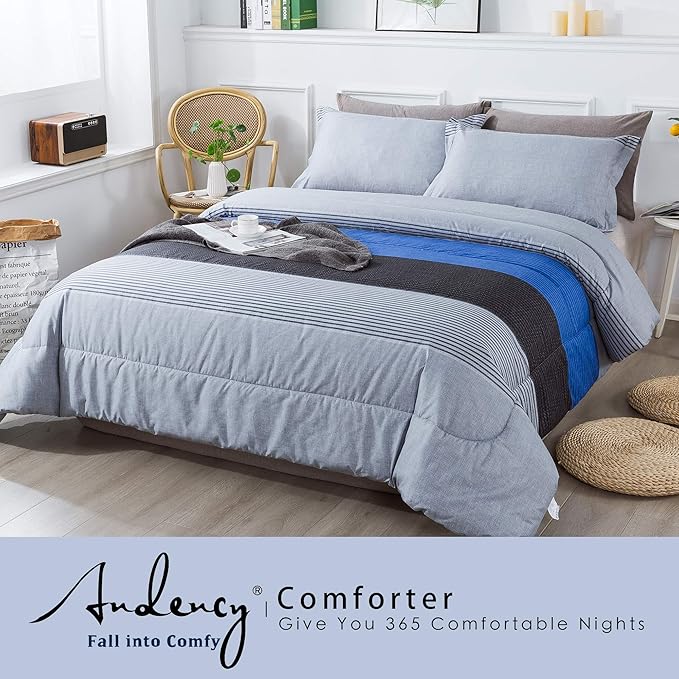 Andency Stripe Blue Comforter Set King Size, 3 Pieces Gray and Blue Patchwork Striped Comforter(104x90 Inch), Soft Microfiber Down Alternative Comforter Bedding Set with Corner Loops