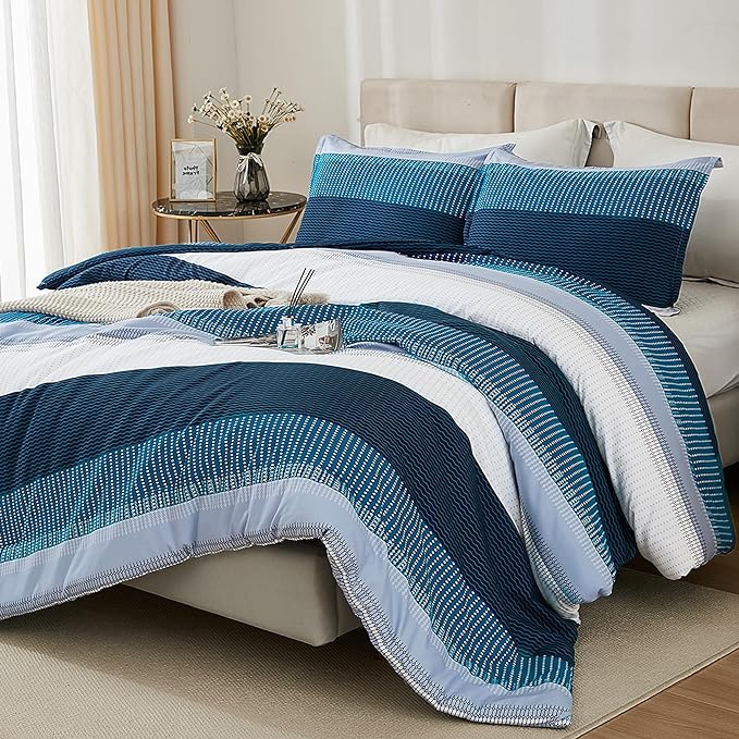 Litanika Navy Blue Comforter Twin/Twin XL Size Set, 2 Pieces Boys Men Bedding Set, Single Blue White Colorblock Striped Bed Set (66x90In Comforter & 1 Pillowcase)