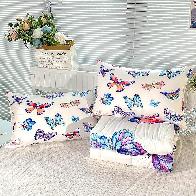 CVHOUSE Butterfly Bedding Set,Butterfly Comforter King,Butterfly Comforter Set for Girls Kids Teens,Butterflies Quilt Set with 1 Comforter and 2 Pillow Cases