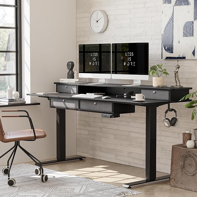 BANTI Height Adjustable Electric Standing Desk with 4 Drawers, 48 x 24 Inch Table with Storage Shelf, Sit Stand Desk, Black Top