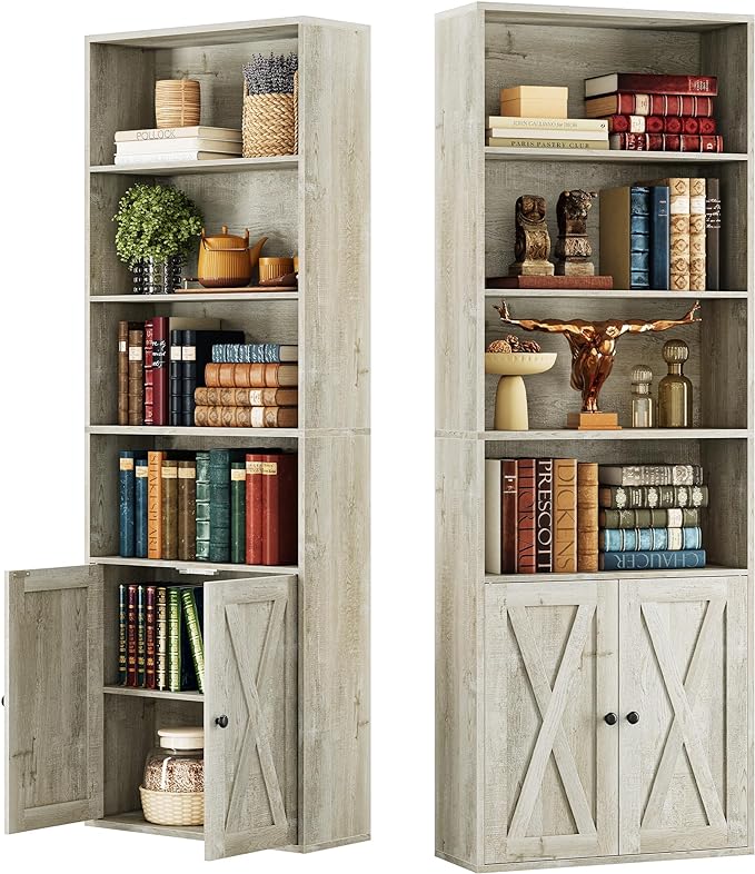 IRONCK Industrial Bookshelves and Bookcases with Doors Set of 2 Floor Standing 6 Shelf Display Storage Shelves 70 in Tall Bookcase for Home Office, Living Room